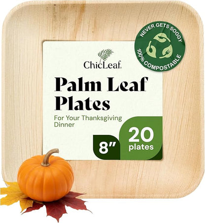 Chic Leaf Palm Leaf Disposable Bamboo Plates - Square Party Plates for Weddings, Thanksgiving Dinner, Parties, Event Appetizers - Biodegradable & Compostable - Party Supplies (8", 20 Pack)