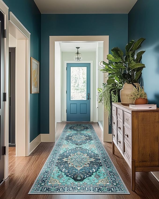 Area Rugs 2'x8' Runner Rug Non Slip Washable for Kitchen Hallway Bedroom Beside Laundry Room Bathroom Rug, Floor Carpet, Teal Green Lake Blue Turquoise