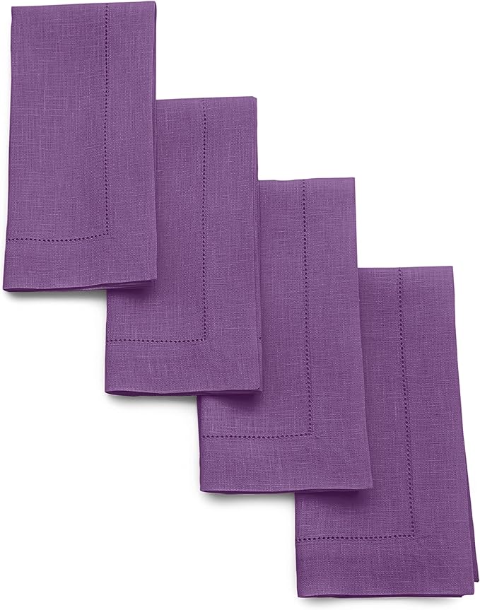 Solino Home Purple Linen Napkins Set of 4-100% Pure Linen Hemstitch Dinner Napkins 20 x 20 Inch for Fall, Autumn, Winter, Holiday, Christmas, New Year - Classic Hemstitch
