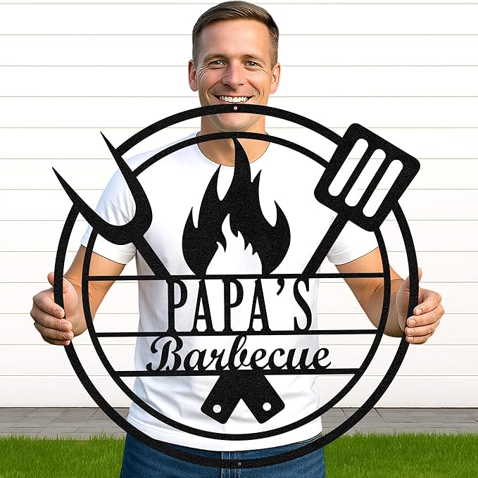Personalized BBQ Retreat Metal Sign, Custom Grill Cut Name Wall Art for Cabin Patio, Rustic Outdoor Barbecue Decoration