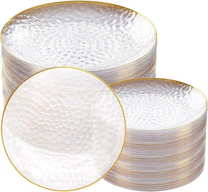 Rubtlamp 100Pcs Clear Gold Plastic Plates, Disposable Plates With Gold Rim, Heavy-duty Party Platos, Hammered Plastic Plates Include 50 Clear Dessert Platos, 50 Dinner Platos for Christmas