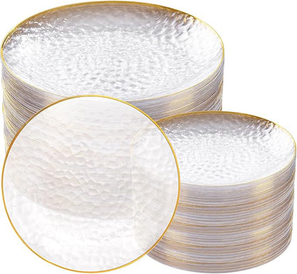 Rubtlamp 100Pcs Clear Gold Plastic Plates, Disposable Plates With Gold Rim, Heavy-duty Party Platos, Hammered Plastic Plates Include 50 Clear Dessert Platos, 50 Dinner Platos for Christmas
