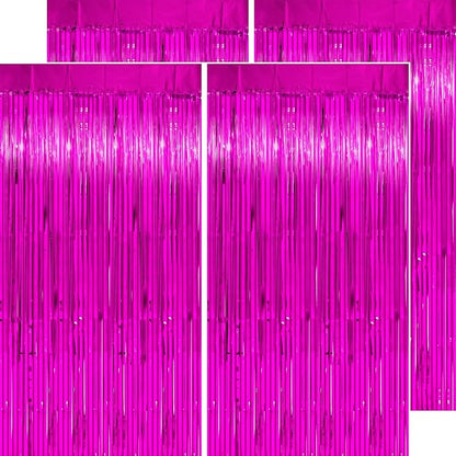 Thicken Hot Pink Streamers 4 Pack 3.2x8.2 FT, Pink Birthday Decrorations Tinsel Backdrop Curtains, Foil Fringe Photo Backdrop for Bachelorette, Graduation, Summer Hawaiian Party Decorations