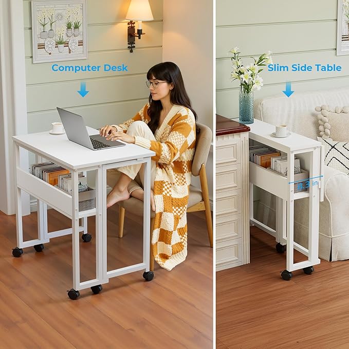 GreenForest Folding Desk Small Rolling Desk with Storage Shelf, 31.5 inch Foldable Computer Desk with Wheels for Small Space, Easy Assembly,Pure White