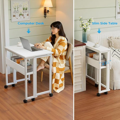 GreenForest Folding Desk Small Rolling Desk with Storage Shelf, 31.5 inch Foldable Computer Desk with Wheels for Small Space, Easy Assembly,Pure White