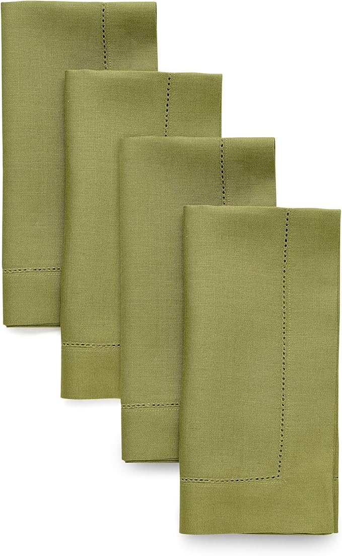 Solino Home Linen Napkins Set of 4 - Classic Hemstitch 100% Pure Linen Avocado Green Dinner Napkins Cloth 20 x 20 Inch for Fall, Autumn, Winter - Handcrafted and Machine Washable