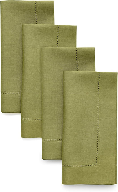 Solino Home Linen Napkins Set of 4 - Classic Hemstitch 100% Pure Linen Avocado Green Dinner Napkins Cloth 20 x 20 Inch for Fall, Autumn, Winter - Handcrafted and Machine Washable