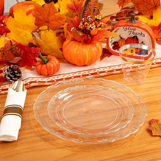 U-QE 100PCS Clear Gold Christmas Plastic Plates - Disposable Heavy Duty Clear Plates with Gold Rim Including 50PCS 10'' & 50PCS 7.5'' Perfect for Christmas, Party, Weddings