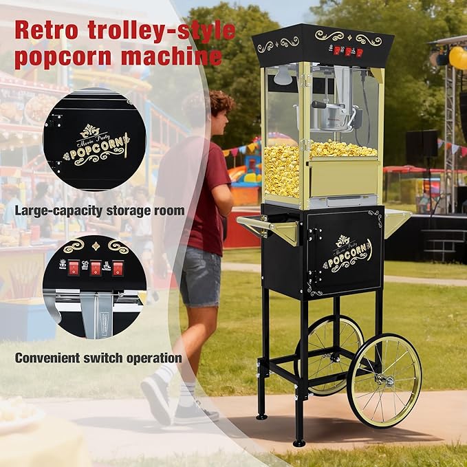 Black Vintage Commercial Popcorn Machine with Cart & Warmer Light - 12oz Stainless Steel Popper Makes 60 Cups for Theater, Parties & Home Use