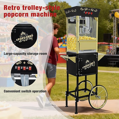Black Vintage Commercial Popcorn Machine with Cart & Warmer Light - 12oz Stainless Steel Popper Makes 60 Cups for Theater, Parties & Home Use