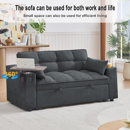 66" Multi-Functional Pull-Out Sofa Bed with Hidden Side Table, Storage Armrests, Built-in Charging Port, Spring Mattress, Solid Wood Frame – Ideal for Small Spaces, Easy Assembly