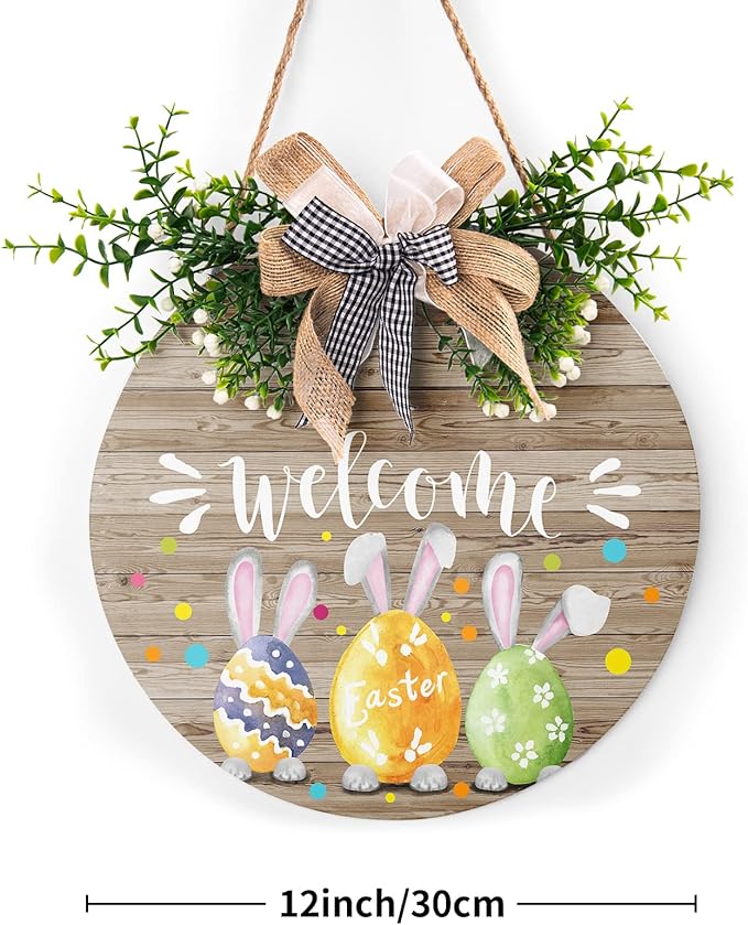 Harooni Easter Welcome Sign, Wooden Hanging Sign, 12" x 12", Brown, Rustic, Round, Easter Theme, DECORATIVE SIGNAGE, Hanging, 0.6mm Thick