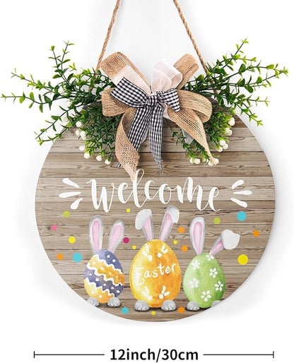 Harooni Easter Welcome Sign, Wooden Hanging Sign, 12" x 12", Brown, Rustic, Round, Easter Theme, DECORATIVE SIGNAGE, Hanging, 0.6mm Thick