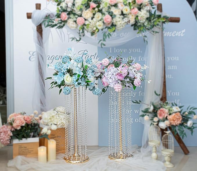2Pcs 27.5inch Tall Crystal Gold Vases Wedding Flowers Stand, Elegant Wedding Decor Centerpiece Road Leads with Chandelier Acrylic Crystal Weddings Decoration Centerpiece Stands