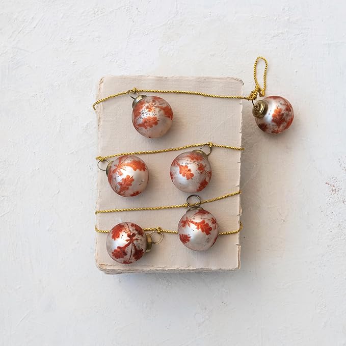 Creative Co-Op Etched Mercury Glass Ball Ornament Garland with Gold Cord, Matte Silver Finish and Coral Color