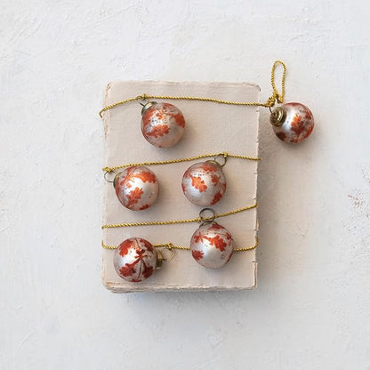 Creative Co-Op Etched Mercury Glass Ball Ornament Garland with Gold Cord, Matte Silver Finish and Coral Color