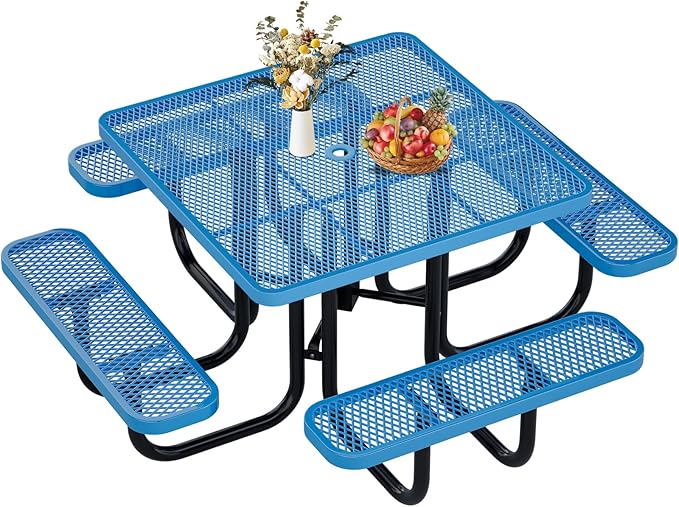47'' Heavy-Duty Metal Picnic Tables with Umbrella Hole, Outdoor Steel Heavy Duty Commercial Grade Black Table, Outdoor Bench Set for Lawn, Patio, Park, Yard, Garden, Porch (Set B, Square)