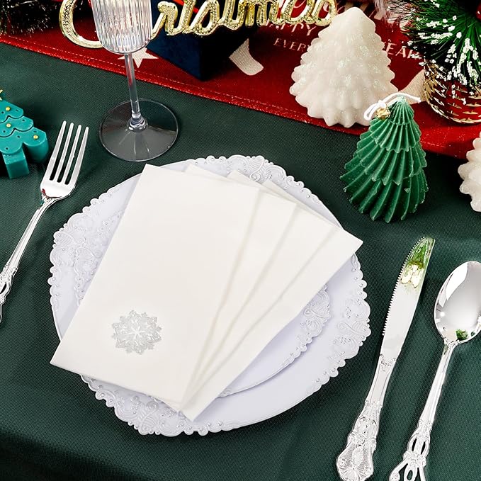 50 Pack Christmas Snowflake Paper Napkins - Cloth-like Christmas Disposable Hand Towels, Silver Premium Quality Xmas Dinner Napkin for Home Kitchen Table Bathroom Holiday Decor