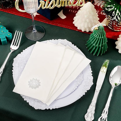 50 Pack Christmas Snowflake Paper Napkins - Cloth-like Christmas Disposable Hand Towels, Silver Premium Quality Xmas Dinner Napkin for Home Kitchen Table Bathroom Holiday Decor