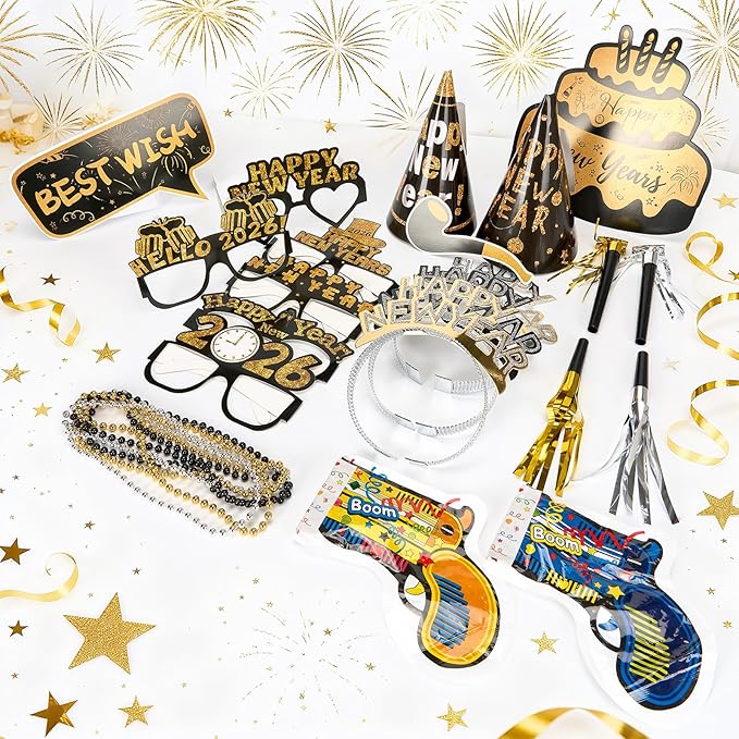 New Year Party Favors 2026, 98PCS Happy New Year Decorations & New Years Eve Party Supplies Set with Headbands, Glasses, Hats, Noise Makers, Photo Booth Props, Frame, Black Gold Party Kit