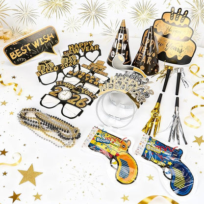 New Year Party Favors 2026, 98PCS Happy New Year Decorations & New Years Eve Party Supplies Set with Headbands, Glasses, Hats, Noise Makers, Photo Booth Props, Frame, Black Gold Party Kit