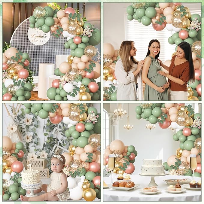 166Pcs Sage Olive Green Blush Peach Balloon Garland Arch Kit Orange White Green Gold Balloons Eucalyptus for Tropical Wedding Jungle Safari Greenery Baby Shower Birthday Party Decorations