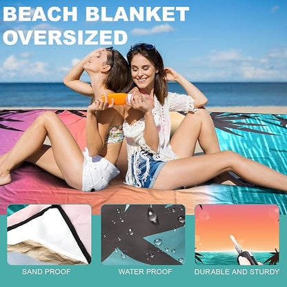 Beach Blanket Waterproof Sandrproof Large Beach Mat 79" X 118" for 2-8 Adults Quick Drying Outdoor Picnic Mat 4 Stakes & 4 Corner Pockets for Travel Picnic Camping Hiking （Gradient Sky&Sea）