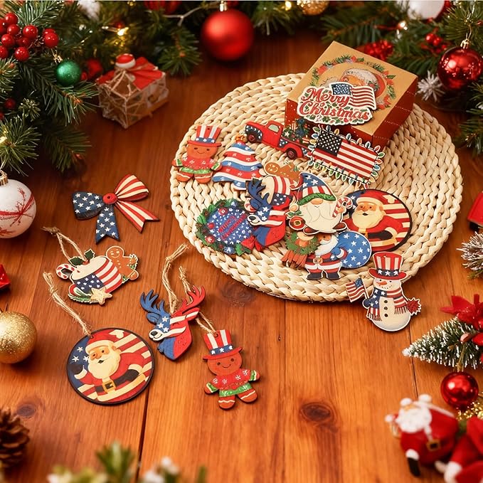 36 Pcs Patriotic Christmas Tree Ornaments Wood Red White Blue Christmas Ornament Hanging America Flag Santa Gnome Decorations for Xmas Tree Home Decoration Gifts