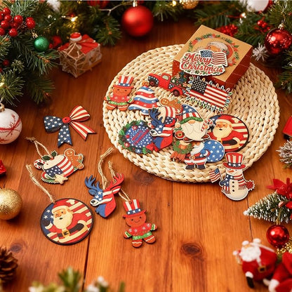 36 Pcs Patriotic Christmas Tree Ornaments Wood Red White Blue Christmas Ornament Hanging America Flag Santa Gnome Decorations for Xmas Tree Home Decoration Gifts