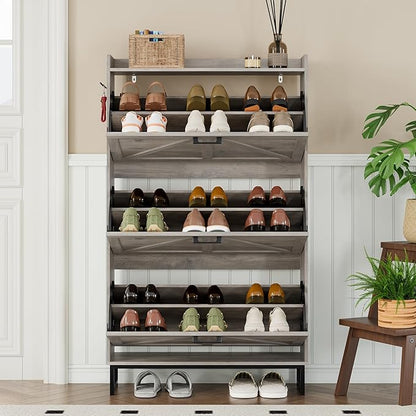 Shoe Cabinet with 3 Flip Drawers Narrow Shoe Storage Cabinet Organizer Wooden Freestanding Shoe Rack Hidden Slim Shoes Storage Cabinet for Entryway, Hallway, Living Room, Bedroom