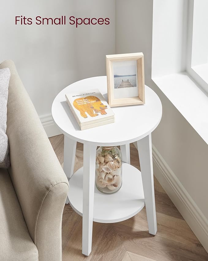 VASAGLE MAEZO Collection - Side Table, 2-Tier Small Round End Table, Nightstand with Tapered Legs, Curved Transitions, for Small Spaces, Living Room, Bedroom, Cloud White ULET283T14 | Lower Shelf, Small Spaces, Living Room, Bedroom