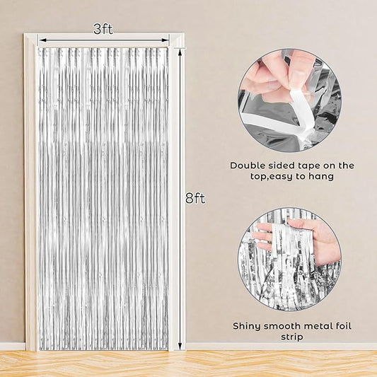 BTSD-home 10 Pack Silver Foil Fringe Curtain, Metallic Photo Booth Backdrop Tinsel Door Curtains for Wedding Birthday Bridal Shower Baby Shower Bachelorette Christmas Party Decorations(8ft x 3ft)