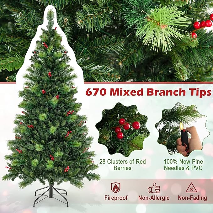 GOFLAME 6FT Pre-Lit Christmas Tree, Hinged Artificial Xmas Tree with Pine Needles, 670 Branch Tips, 28 Clusters of Red Berries, 300 LED Lights, 9 Lighting Modes, 4 Brightness, Remote Control & Timer