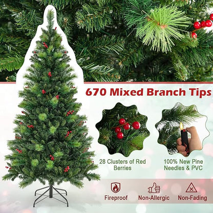 GOFLAME 6FT Pre-Lit Christmas Tree, Hinged Artificial Xmas Tree with Pine Needles, 670 Branch Tips, 28 Clusters of Red Berries, 300 LED Lights, 9 Lighting Modes, 4 Brightness, Remote Control & Timer