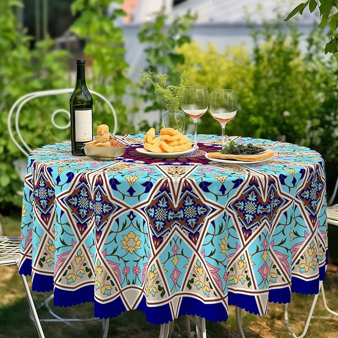 Eikione Boho Round Tablecloth 70inch, Tablecloth Waterproof and Wrinkle-Free, Boho Table Covers, Summer Decorations for Home