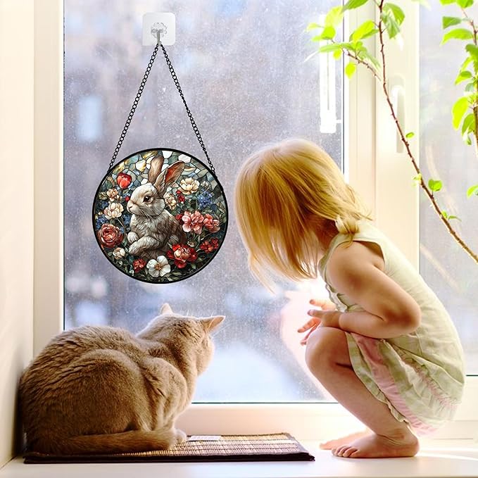Stained Glass Window Hanging - Cute Rabbit Flowers Suncatcher Ready to Hang Window Doors Home Decoration, Christmas, Mother's Day Birthday Gifts for Women, Men, and Mom 9.8x9.8 in