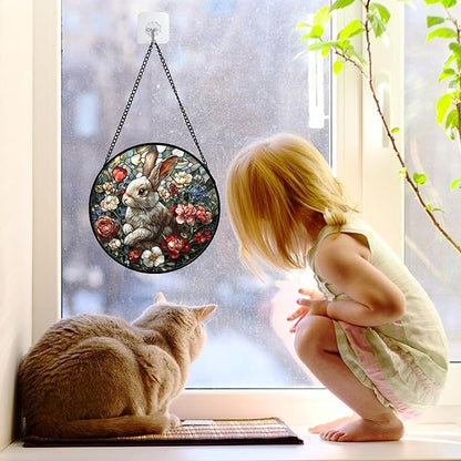 Stained Glass Window Hanging - Cute Rabbit Flowers Suncatcher Ready to Hang Window Doors Home Decoration, Christmas, Mother's Day Birthday Gifts for Women, Men, and Mom 9.8x9.8 in