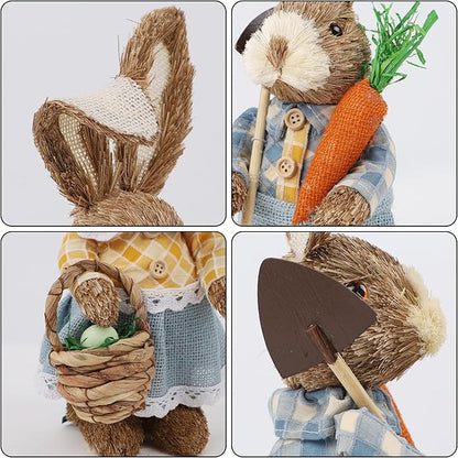 DR.DUDU Set of 2 Easter Decorations 13" Bunny Figurines Tabletop Spring Decor, Rustic Straw Bunny Couple with Carrot, Sisal Rabbit Statues Ornaments for Table Home Office Kitchen Farmhouse