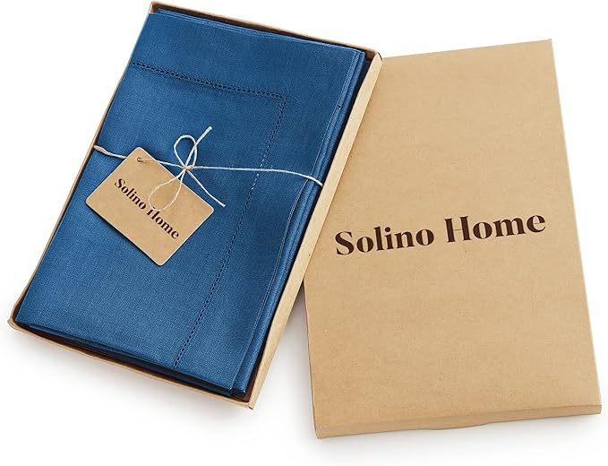 Solino Home Linen Napkins Set of 4 - Classic Hemstitch 100% Pure Linen Indigo Blue Dinner Napkins Cloth 20 x 20 Inch for Fall, Autumn, Christmas, New Year - Handcrafted and Machine Washable