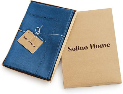 Solino Home Linen Napkins Set of 4 - Classic Hemstitch 100% Pure Linen Indigo Blue Dinner Napkins Cloth 20 x 20 Inch for Fall, Autumn, Christmas, New Year - Handcrafted and Machine Washable