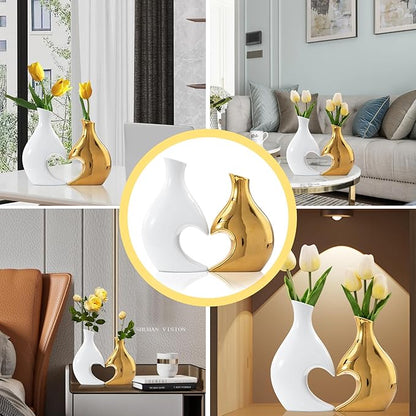 White and Gold Vases Set of 2, Modern Vases Home Decor, Heart Vase Ceramic Gold Decor, Pretty vases for Flowers, Decorative vase Table Centerpieces