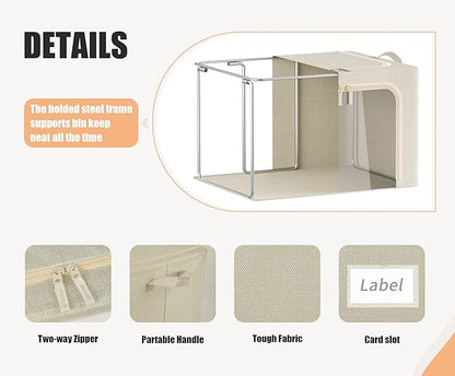 3 Opeings Large Clothes Storage Bins with Metal Frame, Foldable Storage Bin for Clothes, Clothing Storage Bins with Lid, Linen Storage Box With Clear Window＆ Zippers＆ Durable Handles.(3 Pcs,Beige,66L)