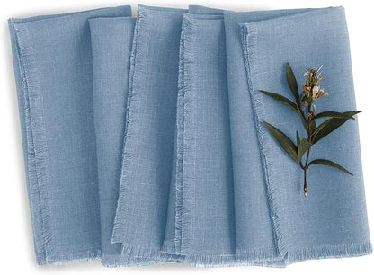 Solino Home Fringe Linen Napkins Set of 4-100% Pure Linen Dusty Chambray Blue Dinner Napkins 20 x 20 Inch for Fall, Autumn - Handcrafted and Machine Washable