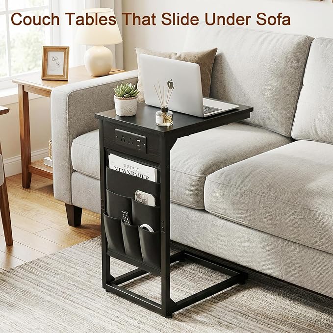 AMHANCIBLE C Shaped End Table with Charging Station, TV Tray Set of 2, Couch Tables with Storage Bag, Slide Under Sofa Side Table with USB Ports and Outlets for Living Room, Black, HET04CBK