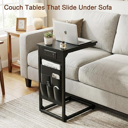 AMHANCIBLE C Shaped End Table with Charging Station, TV Tray Set of 2, Couch Tables with Storage Bag, Slide Under Sofa Side Table with USB Ports and Outlets for Living Room, Black, HET04CBK