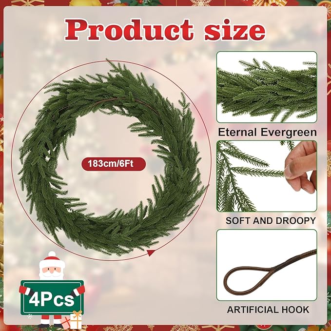 4 Pcs 6 Ft Christmas Norfolk Pine Garlands, Christma Greenery, Christmas Decor, Christma Garland Faux for Table, Mantle, Wall, Indoor, Outdoor Christma Decorations (4Pcs,6 FT)
