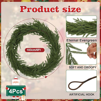 4 Pcs 6 Ft Christmas Norfolk Pine Garlands, Christma Greenery, Christmas Decor, Christma Garland Faux for Table, Mantle, Wall, Indoor, Outdoor Christma Decorations (4Pcs,6 FT)
