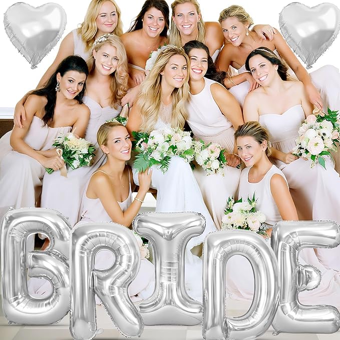 40inch Silver BRIDE Letter Balloons, Giant Silver Bride Foil Helium Balloon Banner with Heart Balloon for Bride to Be Wedding Engagement Bridal Shower Bachelorette Party Decoration