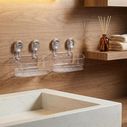 No Drill Bathroom Organizer with Strong Suction Cups, Heavy Duty Shower Organizer Holds 10lbs, Bathroom Shelf for Shampoo, Soap, Razor, Toothbrush (Transparent 2pcs)