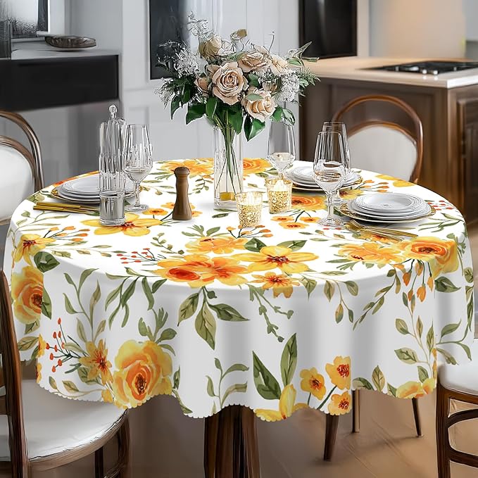 Eikione Summer Leaf Round Tablecloth 70inch,Tablecloth Waterproof and Wrinkle-Free, Red Flower Rustic Table Covers, Summer Decorations for Home